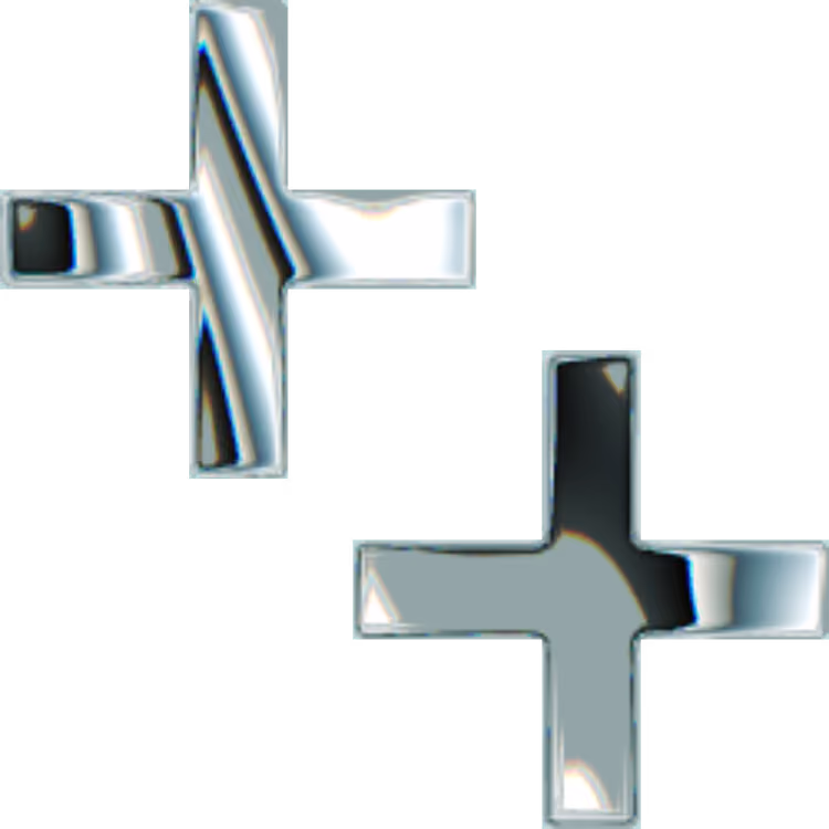 Two reflective metallic plus signs on a black background.