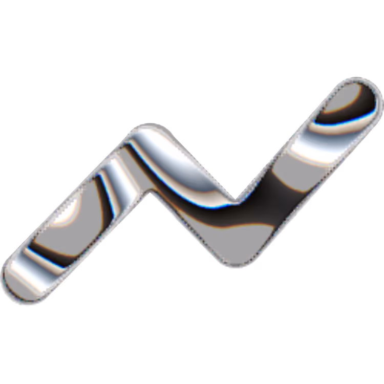 Abstract metallic zigzag shape with reflective silver, gray, black, and white tones on a transparent background.