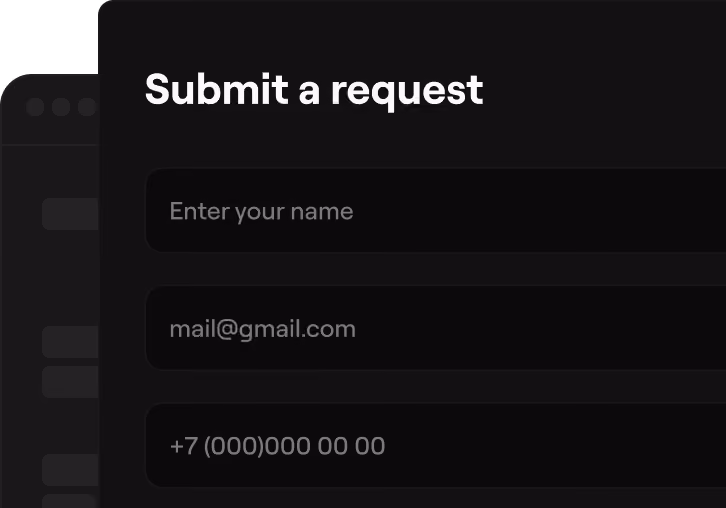 Dark-themed form titled 'Submit a request' with fields for name, email, and phone number.
