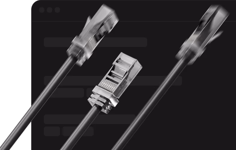 Three black Ethernet cables with clear connectors floating on a black background.