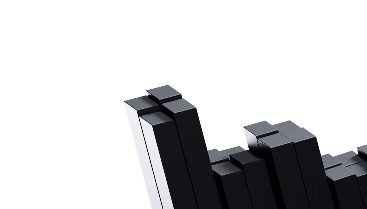 3D black bars of varying heights arranged with a white bar among them on a black background.