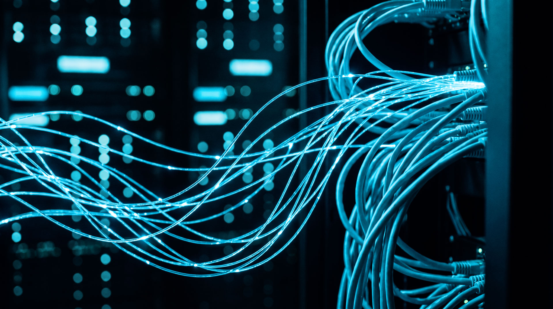 Abstract cyan fiber cables representing Sequel Data Systems' cloud connectivity