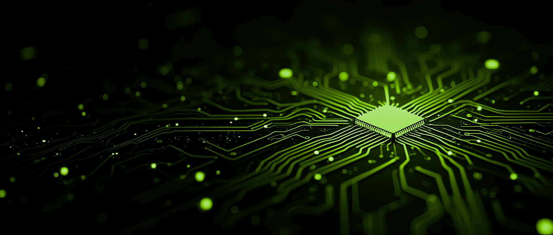 Abstract green microchip circuit pattern representing Sequel Data Systems' AI infrastructure