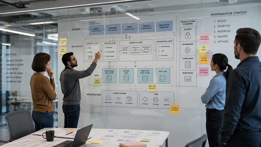 Sequel-Data-Systems-consultants-mapping-enterprise-architecture-on-a-glass-whiteboard