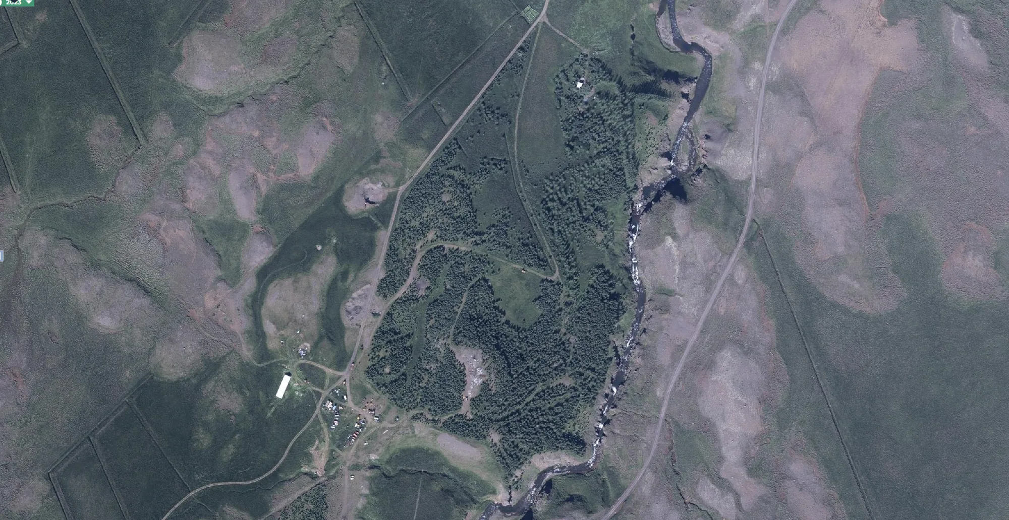 Aerial view of Mælifellsá, Skagafjörður, Iceland in 2023 – established woodland