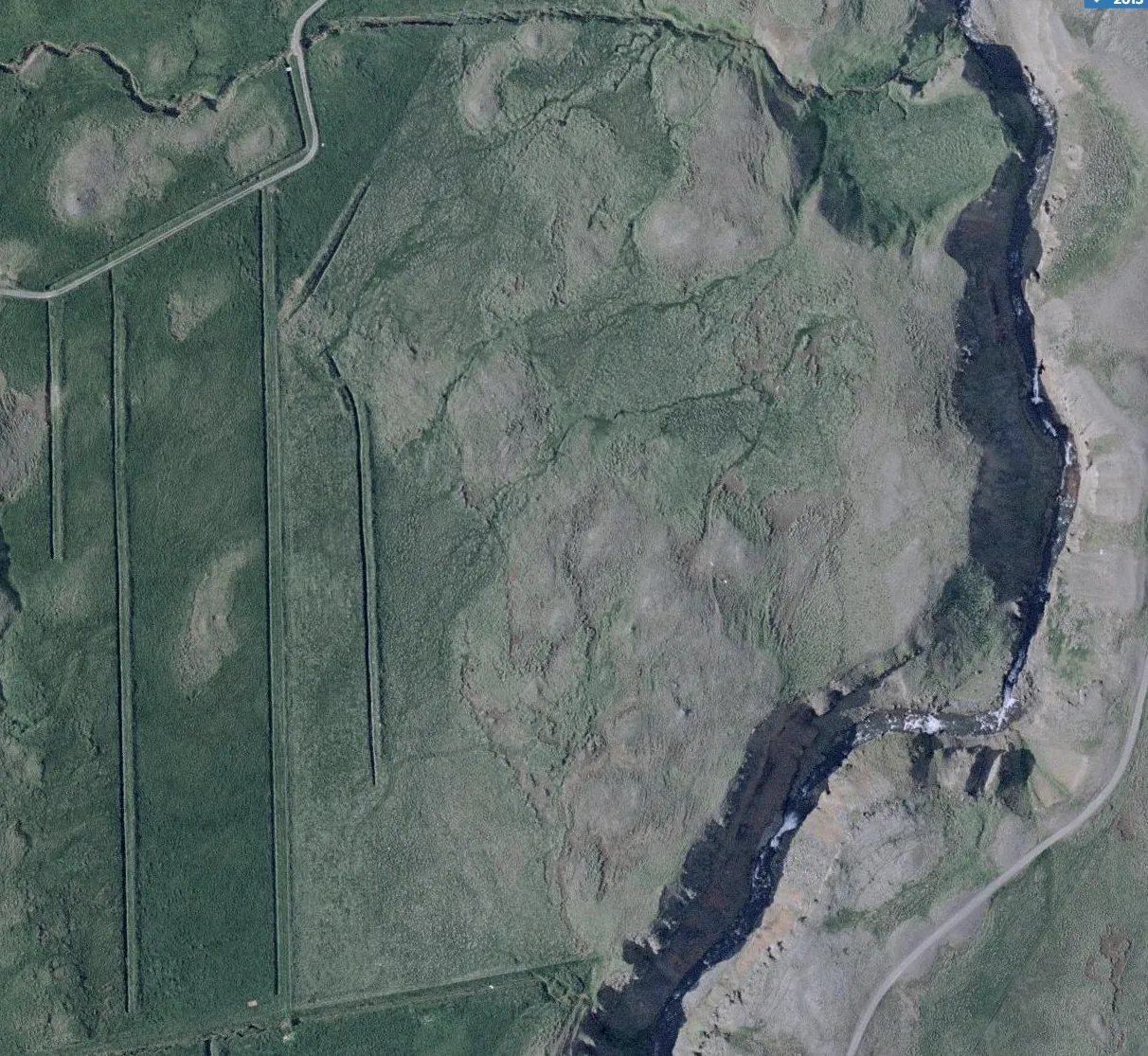 Aerial view of the first expansion area at Mælifellsá in 2013 – newly planted, trees barely visible