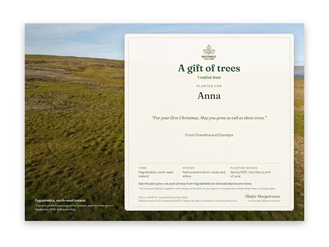 Sample certificate for one native tree, planted for Anna