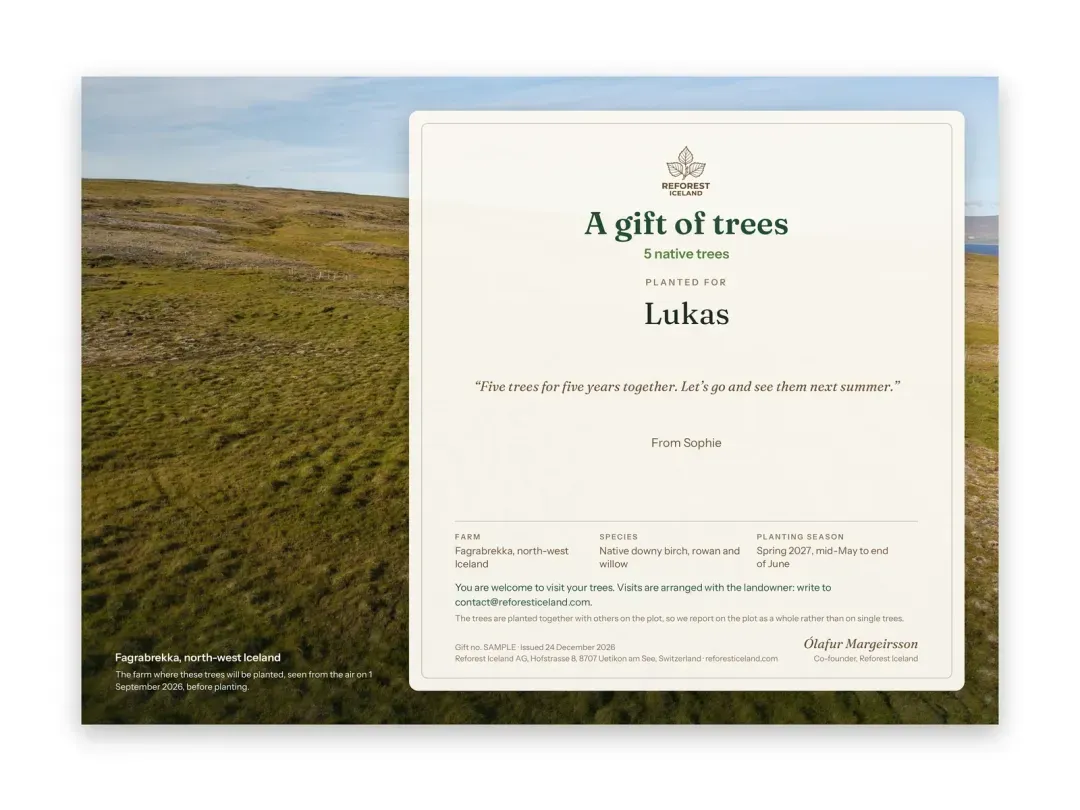 Sample certificate for five native trees, planted for Lukas