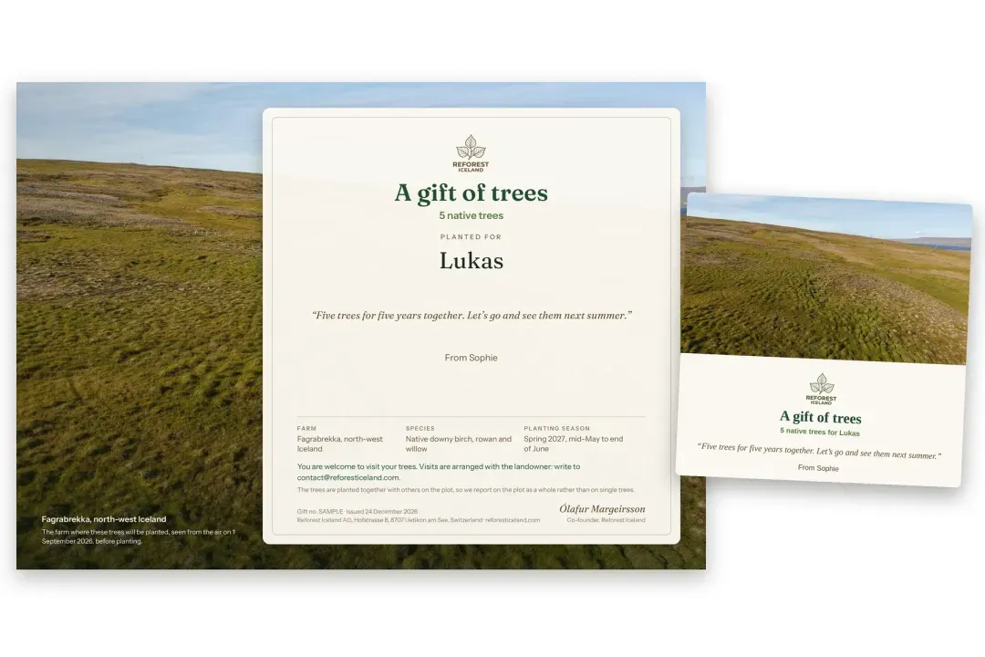 A sample certificate for five native trees, with the e-card the recipient receives