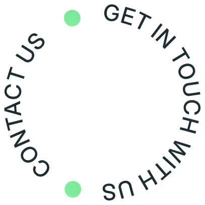 Text arranged in a circular path around a blank center reading 'CONTACT US' on the left side and 'GET IN TOUCH WITH US' on the right side, with two small green circles placed above and below the text circle.