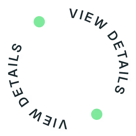 Circular design with the phrase 'VIEW DETAILS' repeated three times around the perimeter, two green dots placed between the text segments on a black background.