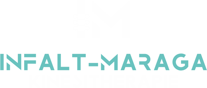 Logo featuring stylized initials 'IM' above the words 'INFALT-MARAGA' in turquoise and 'KINESITHERAPIE' in white.