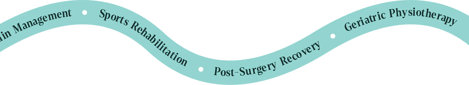 Wavy blue ribbon with text separated by white dots reading: Pain Management, Sports Rehabilitation, Post-Surgery Recovery, and Geriatric Physiotherapy.