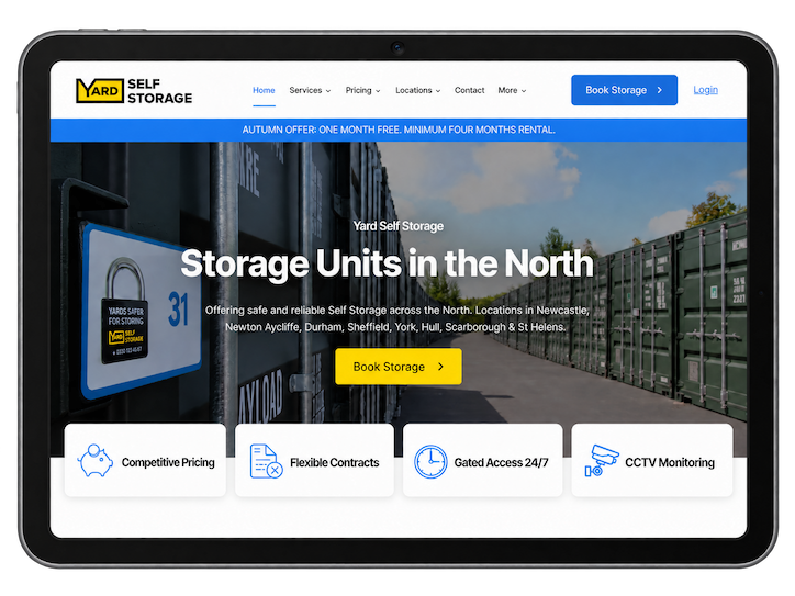 Yard Self Storage website displayed on a tablet