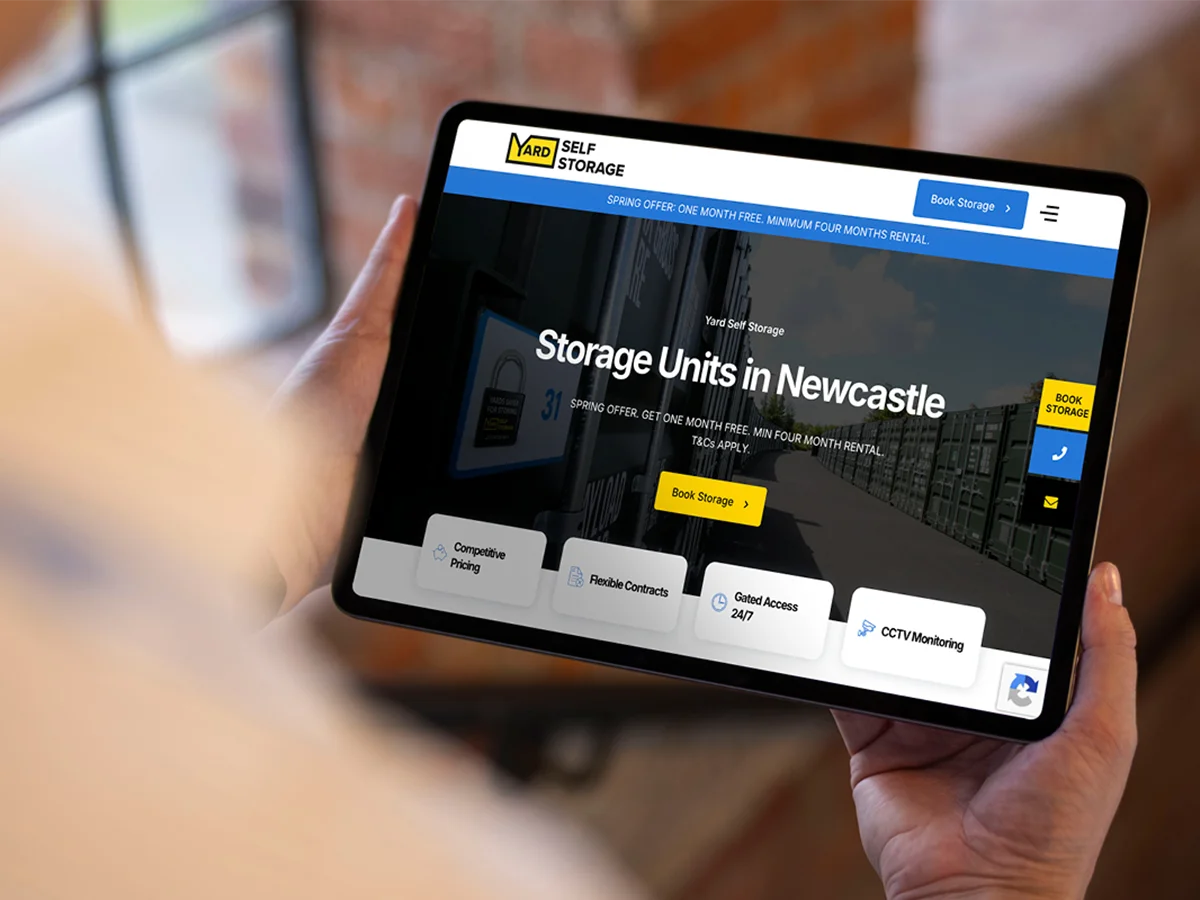 Yard Self Storage website open on a tablet showing Newcastle storage units