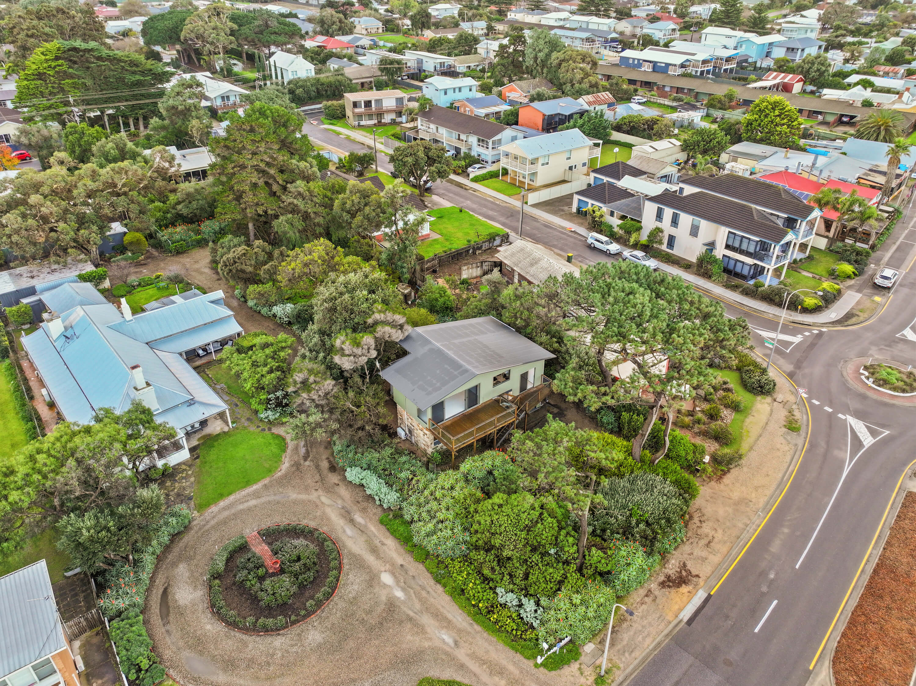 Aerial of the renovated Franklin Ave beach house on its corner block at Encounter Bay