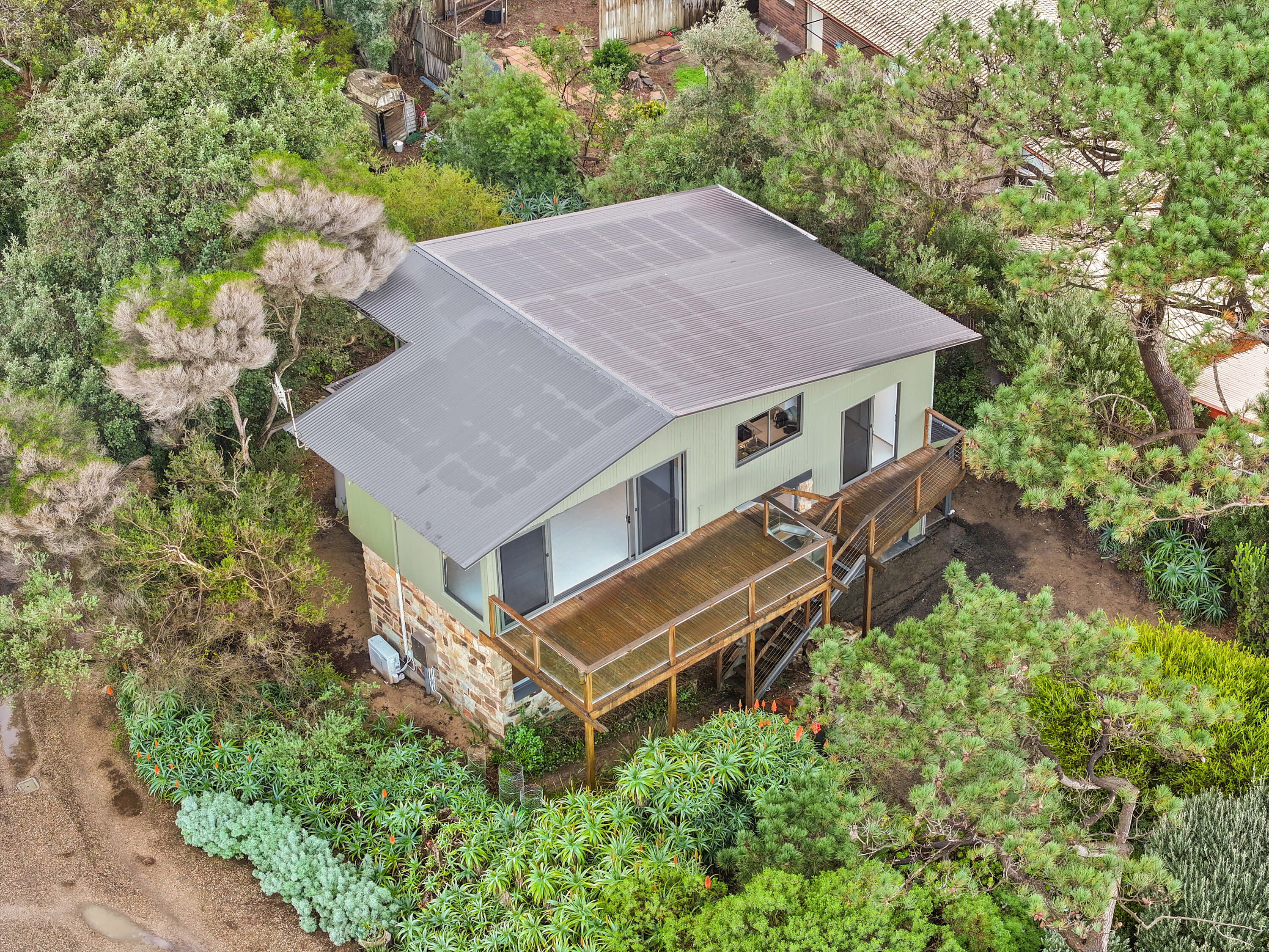 Aerial of the Franklin Ave house showing new roof, deck and external stairs at Encounter Bay