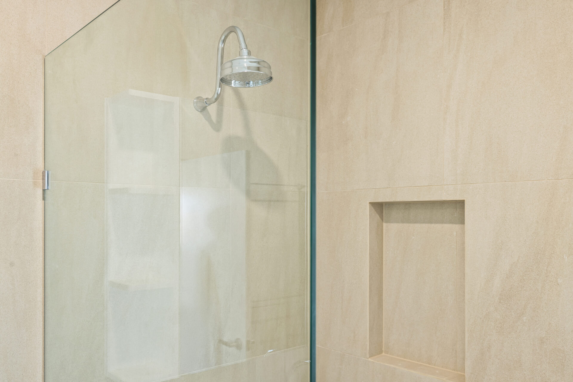 Walk-in shower with traditional shower rose and recessed niche at Victoria St, Victor Harbor