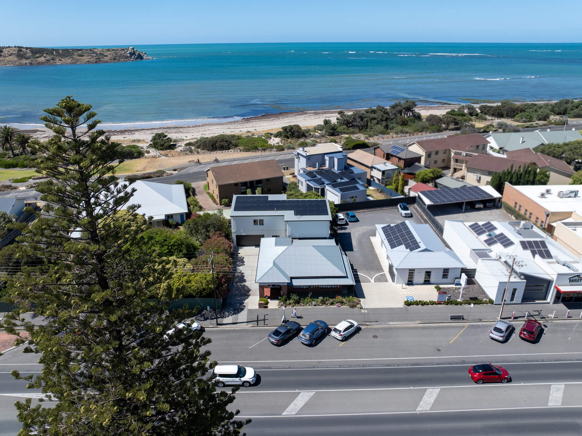 Aerial of the Victoria St corner block looking over the Esplanade to the sea, Victor Harbor