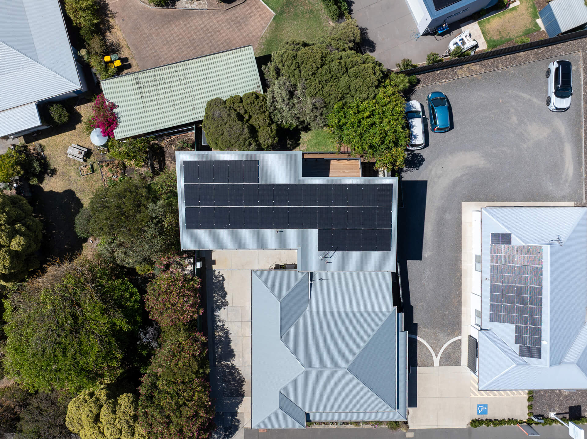 Overhead aerial of the Victoria St roof with solar array, Victor Harbor