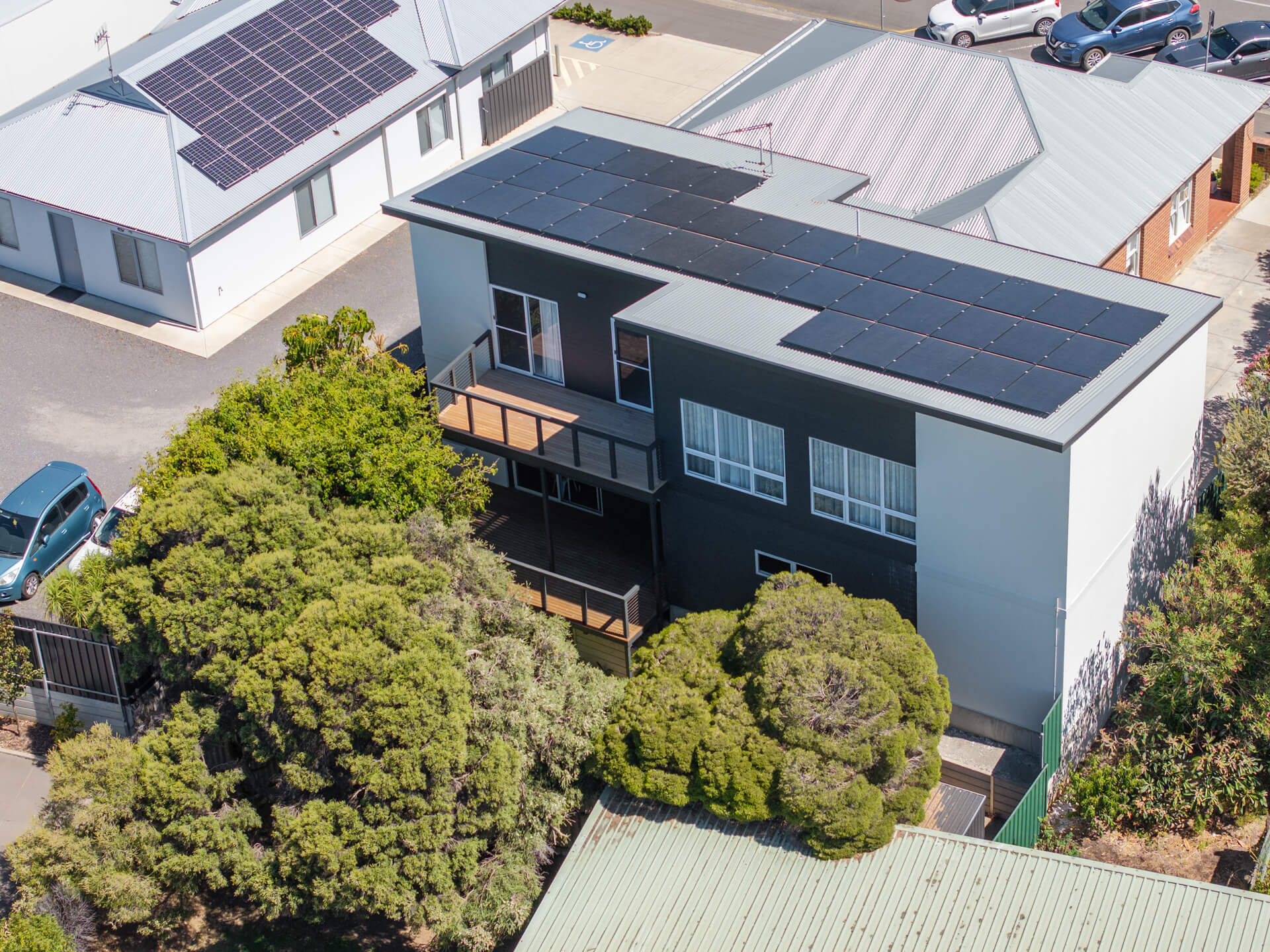 Aerial view of the Victoria St two storey addition with rooftop solar and balcony, Victor Harbor