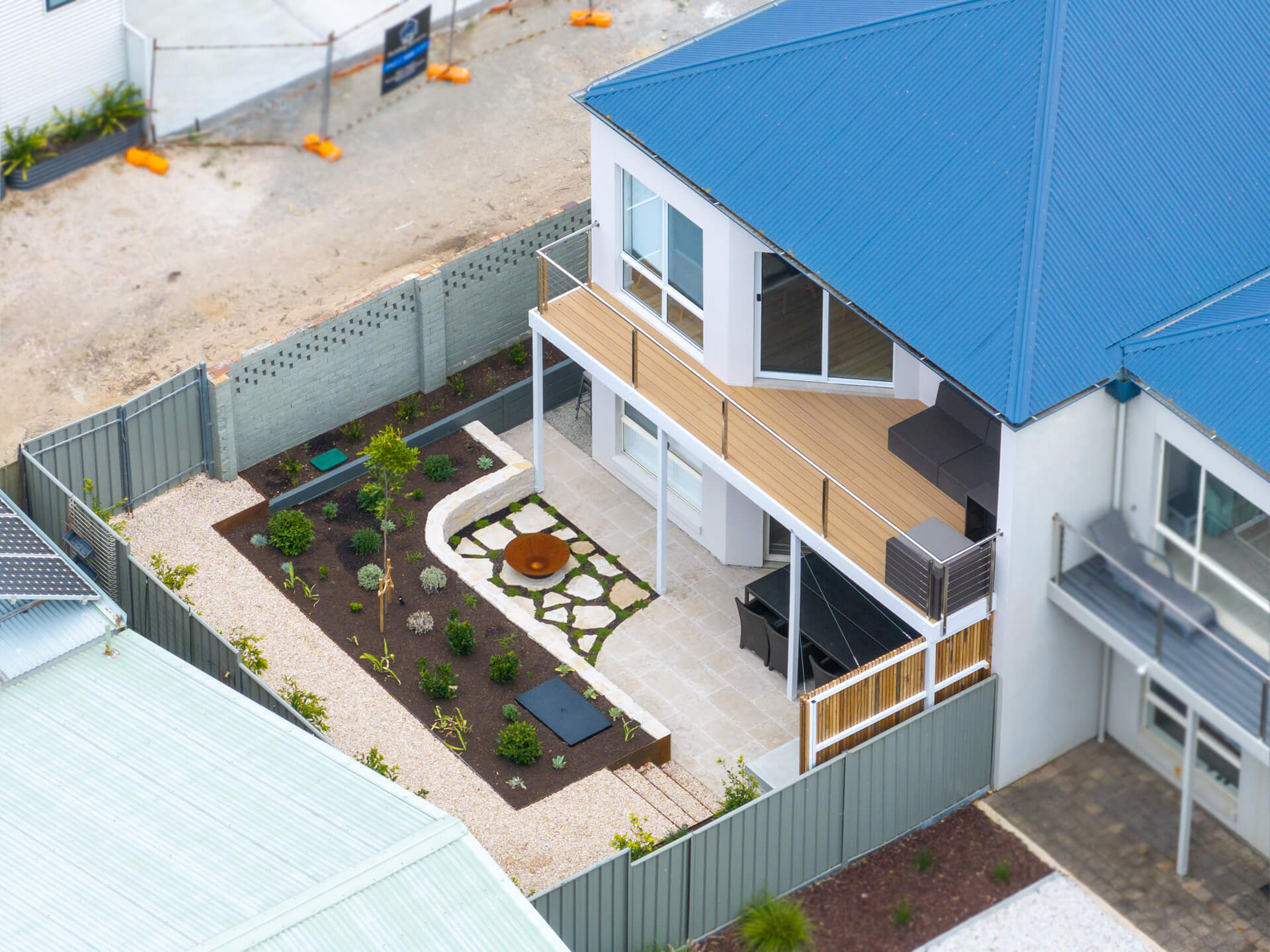 Aerial view of the Henry St rear garden, upper deck and outdoor living areas, Port Elliot