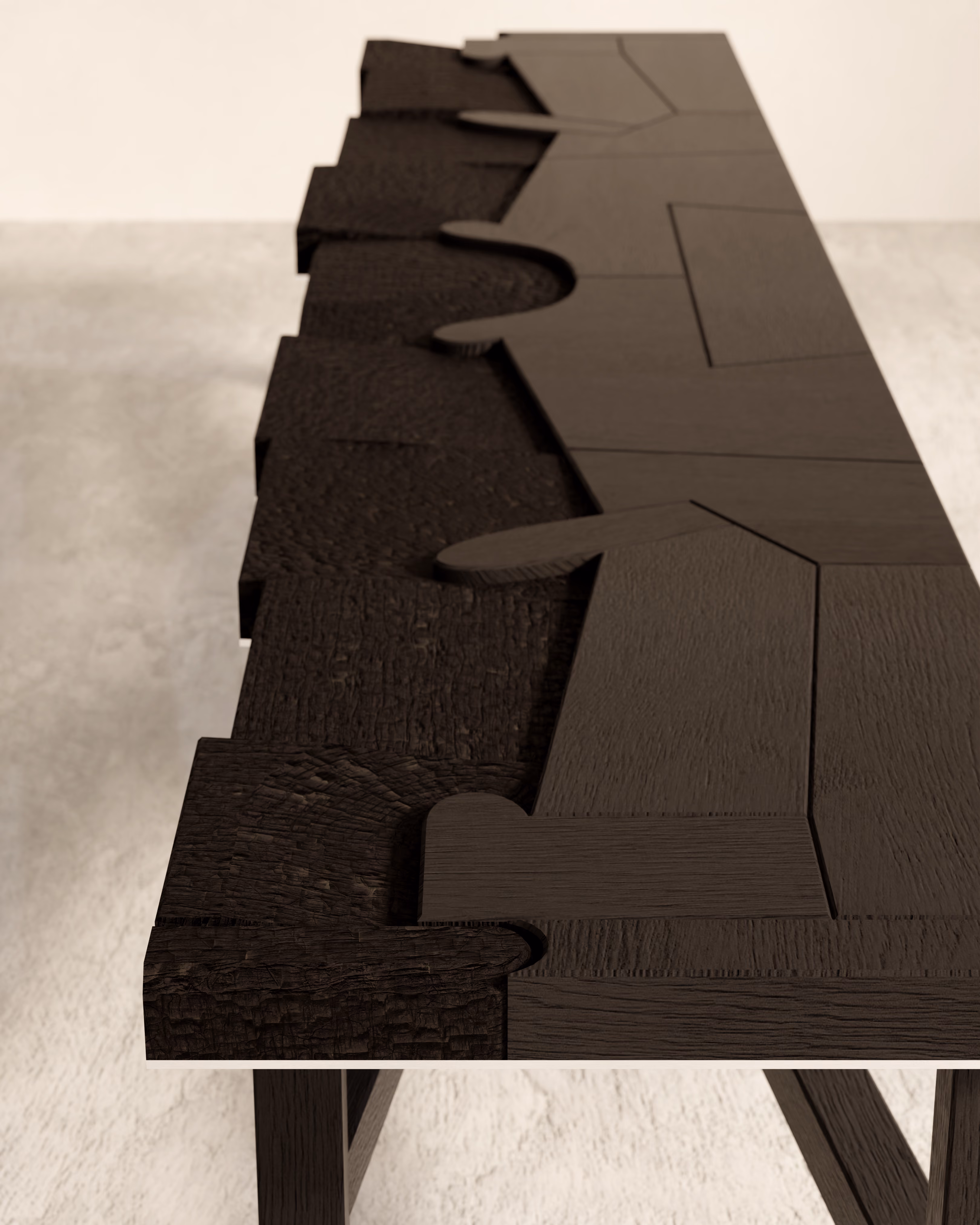 Сидіння осліна OSLIN Product.2100 Two крупним планом: випалена фактура Shou Sugi Ban поруч із гладким ясеном у чорному бейці.