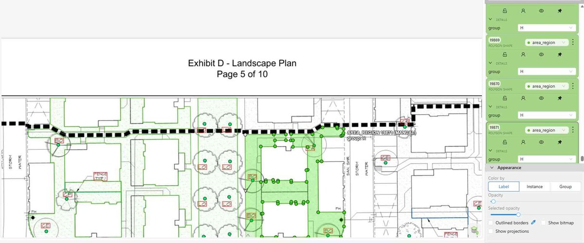 Annotation tool showing a landscape plan with planting areas traced as polygon regions