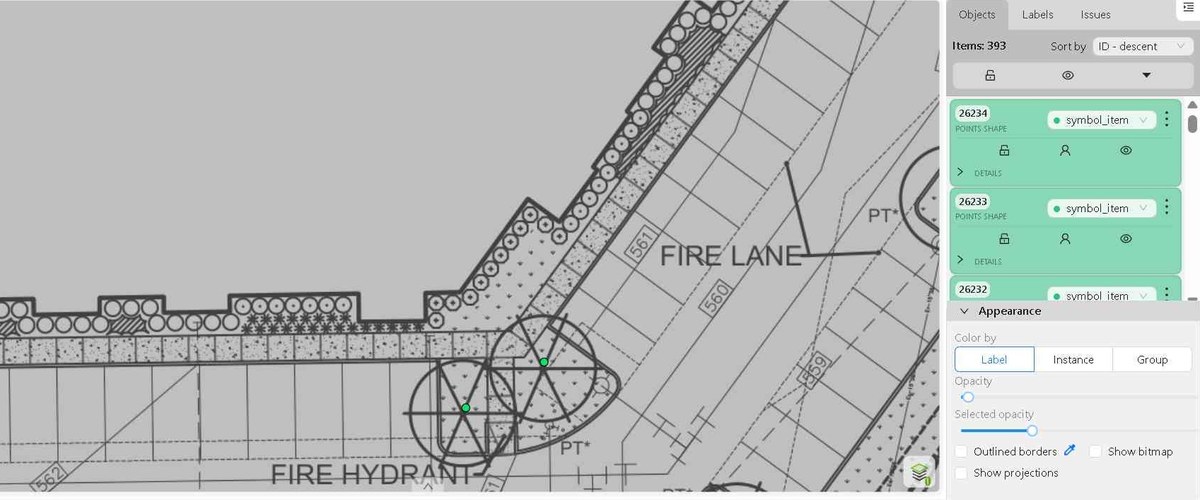 Annotation tool showing a paving plan with fire lane and hydrant symbols marked as individual point objects