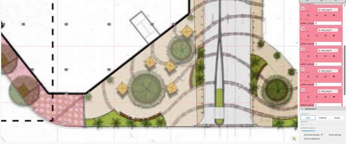 Annotation tool showing a rendered plaza plan with paving areas masked and grouped by surface pattern