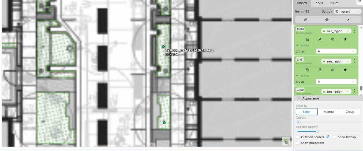 Annotation tool showing a paving plan with planted areas traced as polygon regions and symbols marked as points