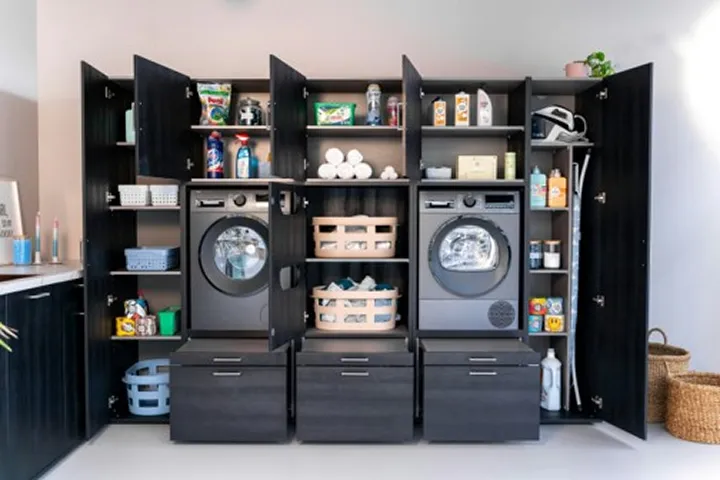 Meuble de buanderie intégrant lave-linge et sèche-linge
