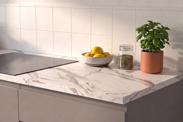 Plan de travail Alsapan décor marbre blanc veiné dans une cuisine claire