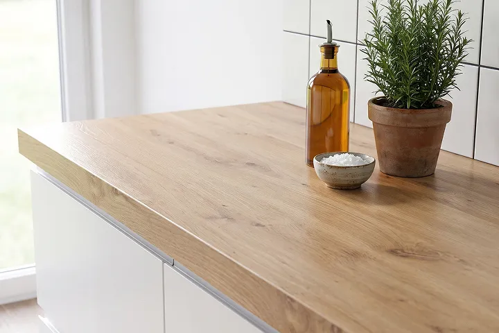 Plan de travail Alsapan décor chêne sur un îlot de cuisine blanc