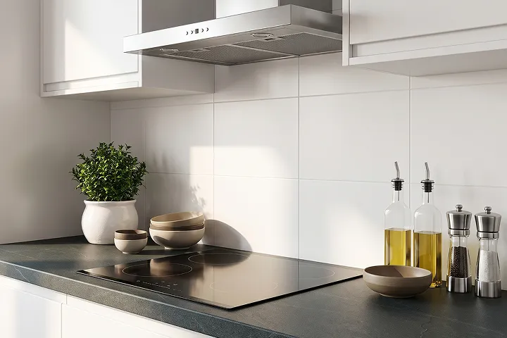 Plan de travail Alsapan décor pierre foncée, avec plaque de cuisson et hotte