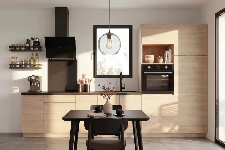 Cuisine équipée Alsapan en décor bois clair, avec table à manger