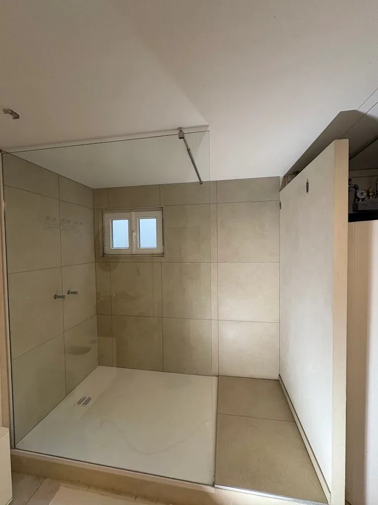 Douche à l'italienne avec paroi vitrée dans une salle de bain rénovée à Trélex