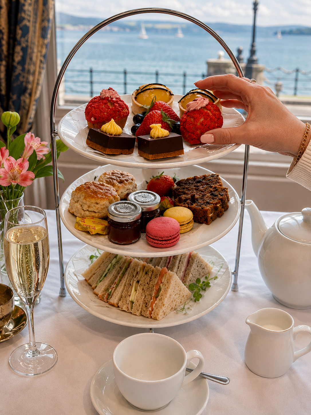 Afternoon tea at The Bulkeley Hotel in Beaumaris, Anglesey, with sandwiches, scones and cakes.