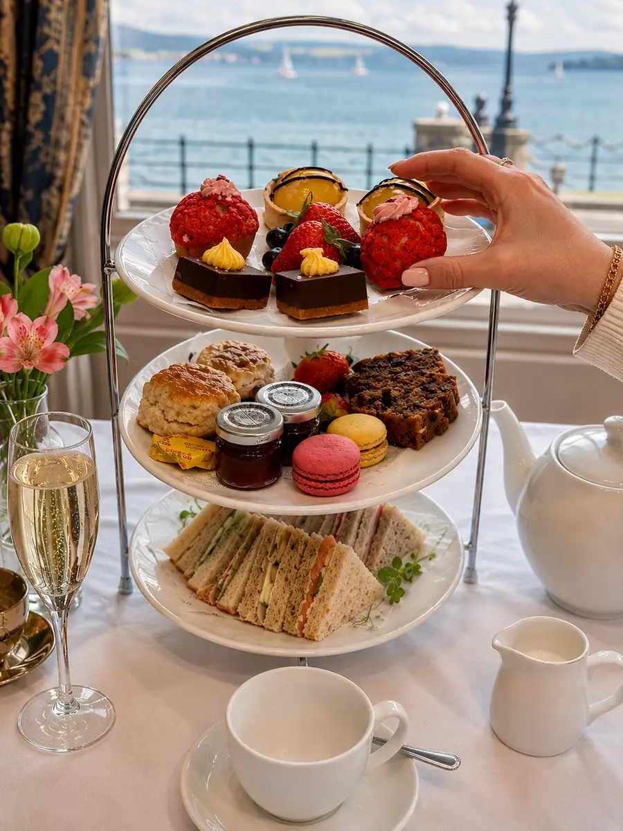 Afternoon tea at The Bulkeley Hotel in Beaumaris, Anglesey, with sandwiches, scones and cakes.