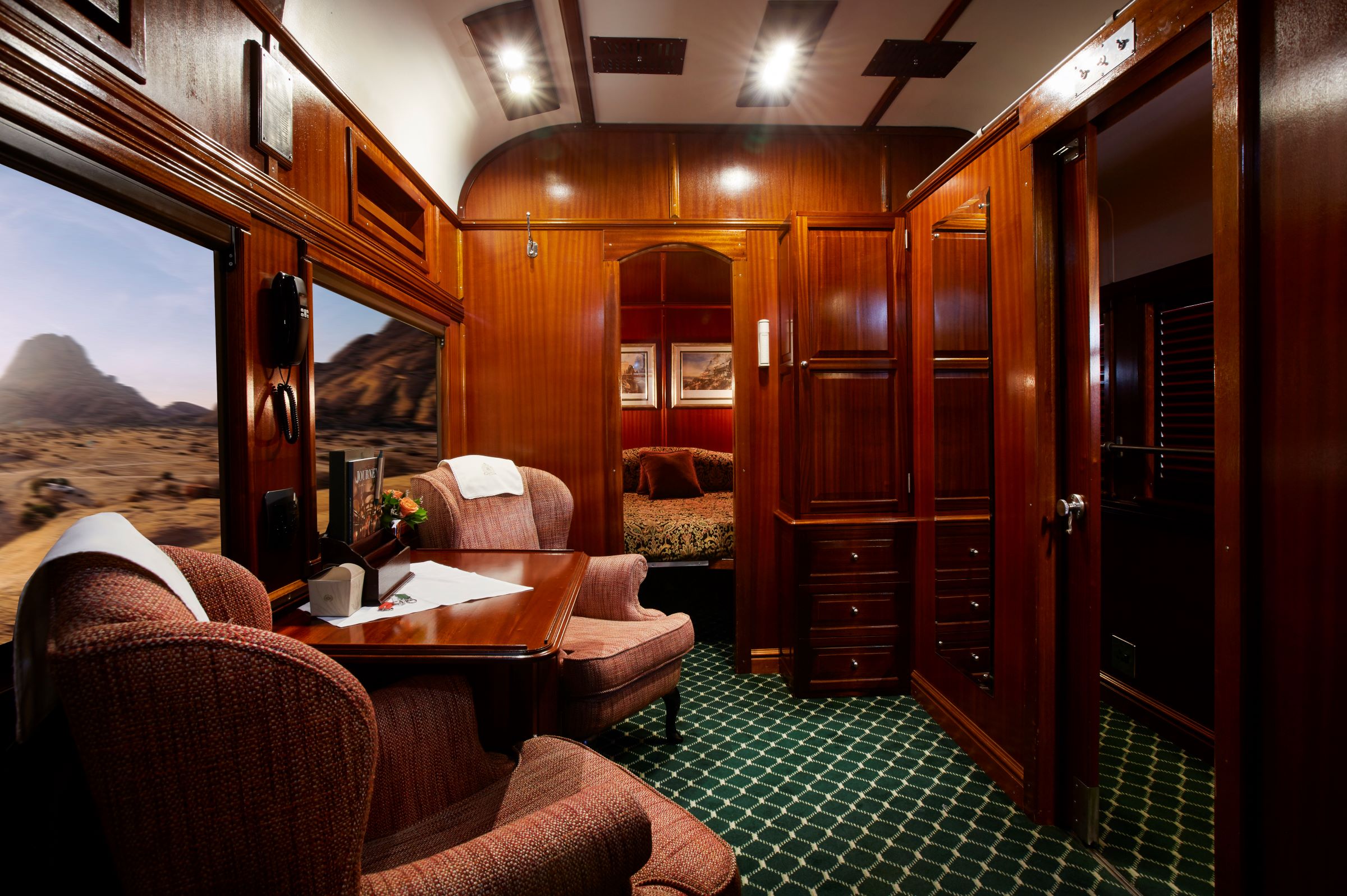 Wood-panelled interior of The Blue Train in South Africa