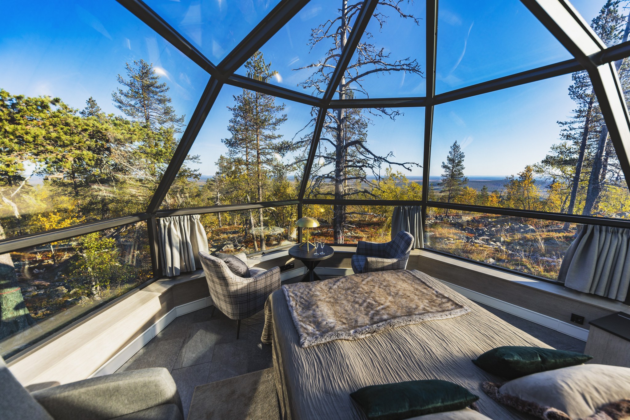 Inside a glass igloo at Levin Iglut, looking out over fall forest and fells