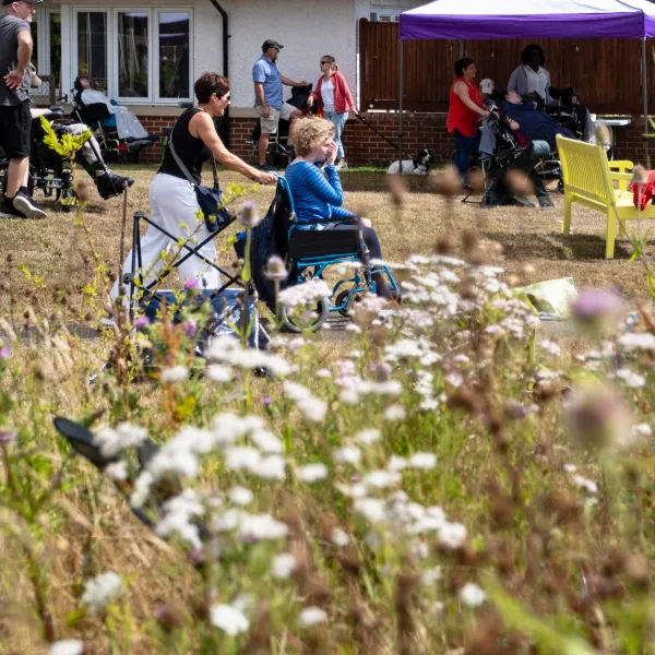 People outdoors enjoying sunny day, some in wheelchairs, with flowers and lawn chairs around.