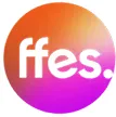 Circular emblem with gradient orange to pink background and white letters 'ffes.'