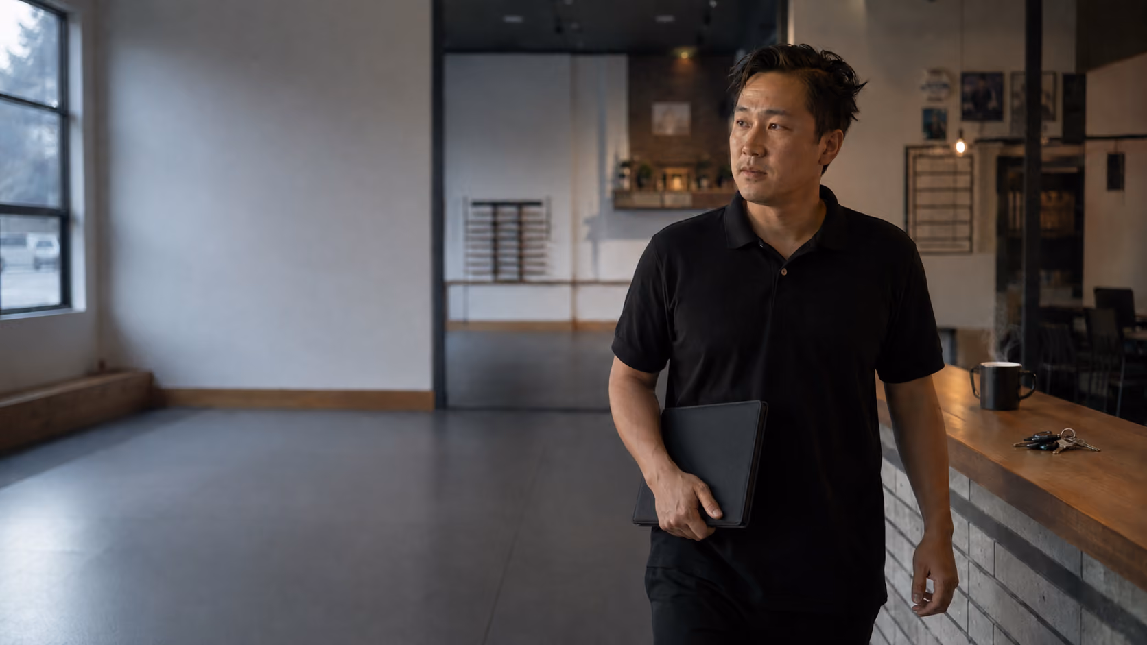 Martial arts instructor with a young student during class check-in