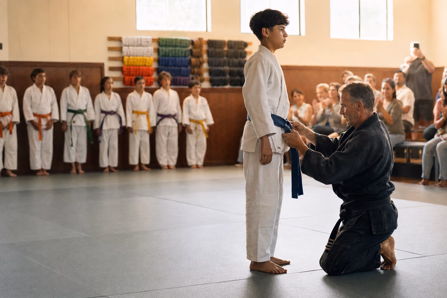 Instructor tying a new belt on a martial arts student after a belt test