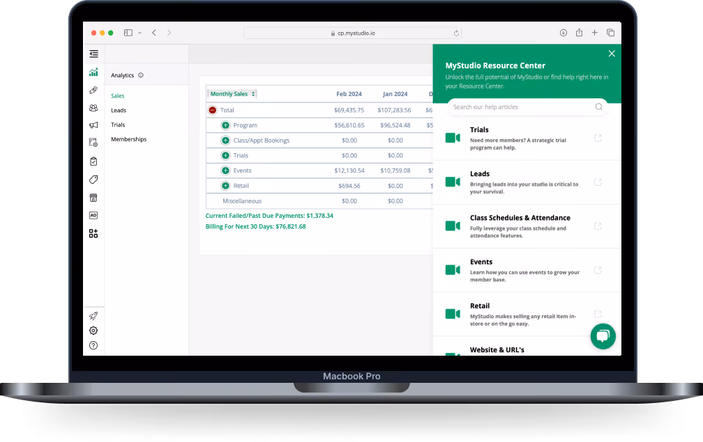 The MyStudio dashboard on a laptop