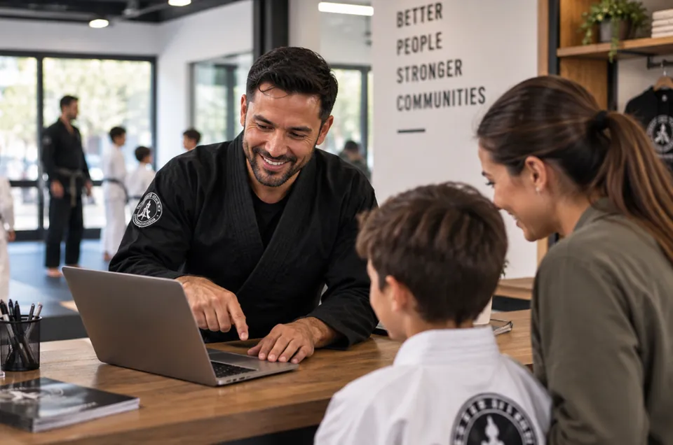 Martial arts instructor showing a mother and her son class options on a laptop at the studio front desk