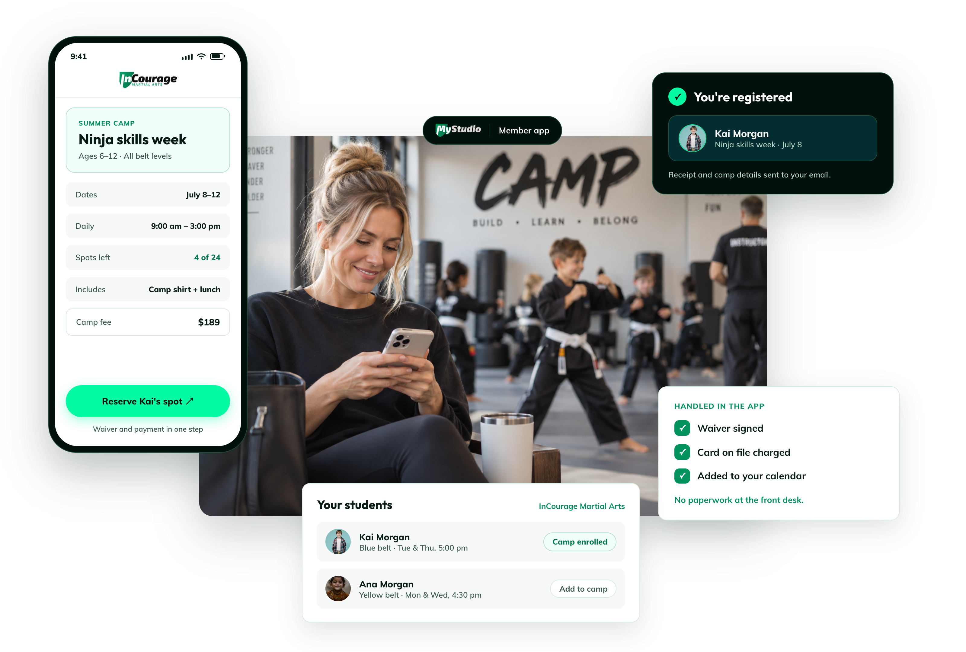 Parent registering a child for camp in the MyStudio member app