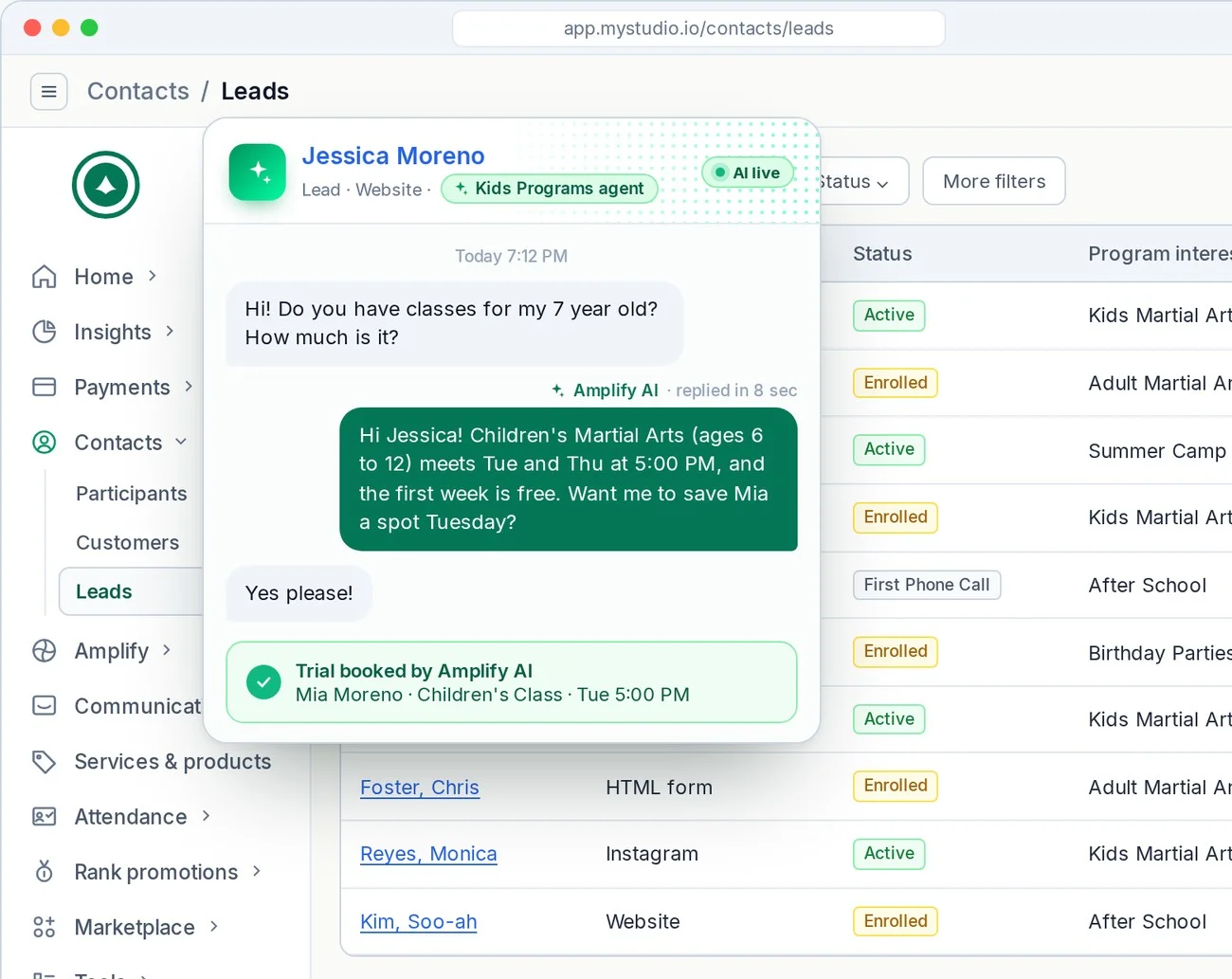 MyStudio Leads screen where Amplify AI texts a parent back about a kids program and offers a free trial class
