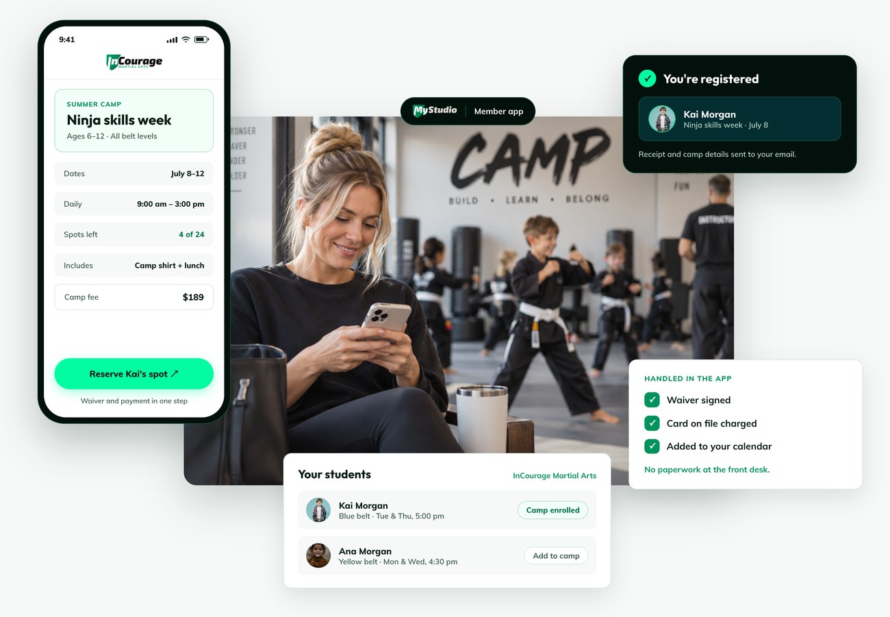 MyStudio member app showing a summer camp registration with a Reserve spot button, a waiver signed, and a card on file